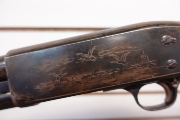 1949 ITHACA MODEL 37 12 GA 2 3/4" FACTORY ENGRAVED GAME SCENE