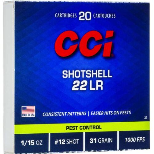 https-images.coreware.com-images-products-20331-14250276__39070.jpg CCI Ammunition Shotshell 22LR Ammo 31 Grain #12 Lead Shot Box of 20 - 0039