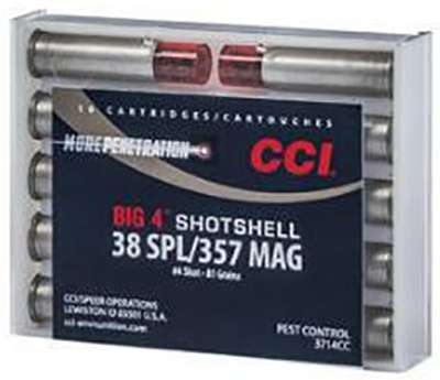 https-images.coreware.com-images-products-7929-14250344__85563.jpg CCI Ammunition Pest Control Big 4 Shotshell .357 Magnum/.38 Special 84 Grain Brass Centerfire Pistol Ammunition 3714CC