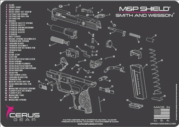 Cerus Gear Cleaning MAT -S&W M&P SHIELD SCHEMATIC; Charcoal Gray/Cerus Pink