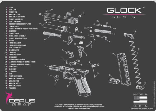 CERUS GEAR CLEANING MAT GLOCK GEN 5 SCHEMATIC; CHARCOAL GRAY /CERUS PINK
